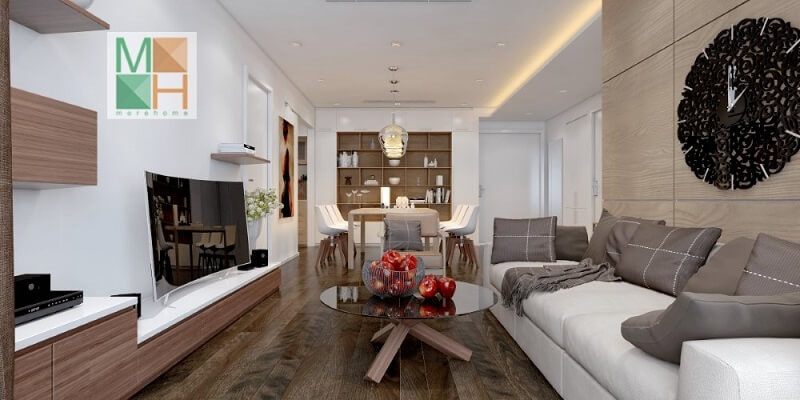 Trang trí phòng khách chung cư hiện đại với đồ nội thất nhỏ gọn tiện nghi: đồng hồ treo tường độc đáo, kệ ti vi, bộ sofa màu trắng Thiết kế phòng khách chung cư hiện đại