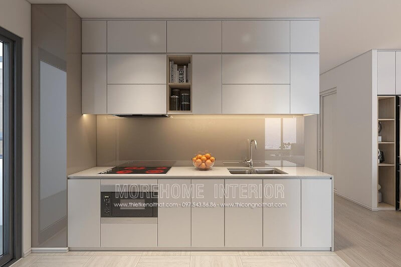 Lựa chọn tone màu trắng chủ đạo, tủ bếp gỗ An Cường cao cấp mang đến phòng bếp thanh thoát và không kém phần sang trọng Tủ bếp acrylic