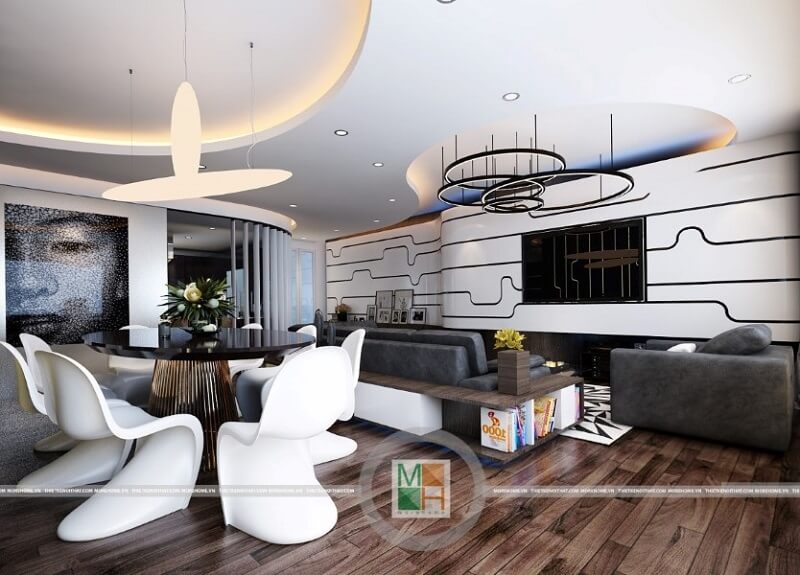 Thiết kế nội thất chung cư Ciputra cao cấp với phòng khách sang trọng, lịch sự liền kề với phòng bếp và khu bàn ăn. Mẫu nội thất chung cư