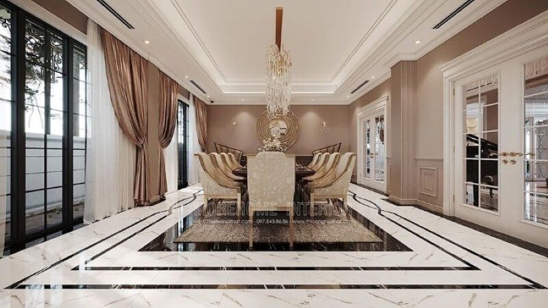 Bố trí nội thất phòng ăn đương đại ấn tượng với không gian mở thông thoáng.