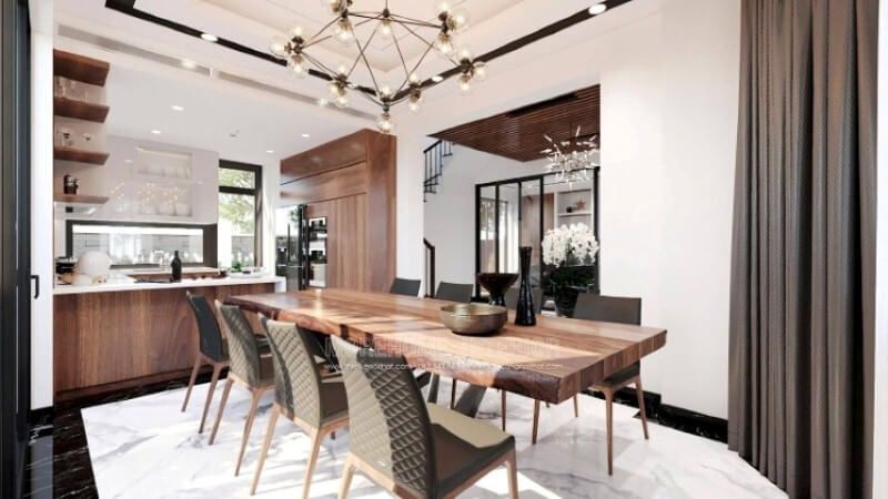Sẽ là một gợi ý sáng tạo sẽ khiến bạn thích thú như trong ý tưởng thiết kế phòng bếp hiện đại biệt thự Vinhomes Imperia Hải Phòng trong đây, bố trí kệ trang trí ở vị trí gần bàn ăn nhất giúp bạn lấy ly, chén một cách dễ dàng