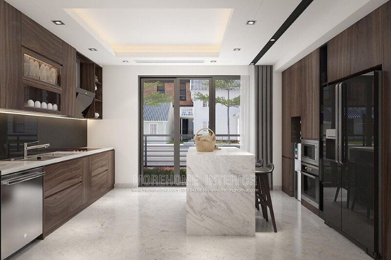 Bố trí phòng bếp hiện đại ấn tượng với gỗ veneer cao cấp.