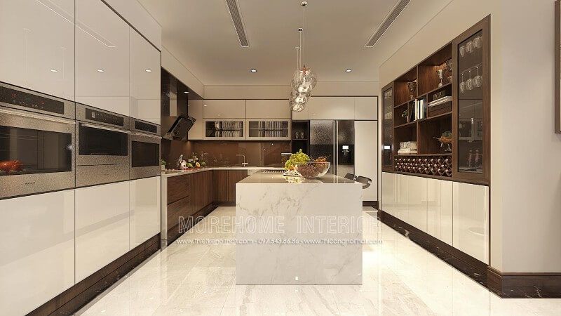 Tủ bếp hiện đại được thiết kế vô cùng hợp lí, các ngăn tủ được bố trí khoa học giúp gia chủ dễ dàng phân loại, lưu trữ vật dụng nhà bếp cũng như thuận tiện hơn cho quá trình sử dụng