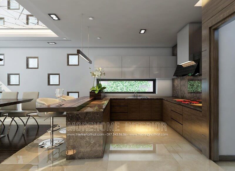 Trang trí nội thất phòng bếp biệt thự với mẫu tủ bếp chữ U