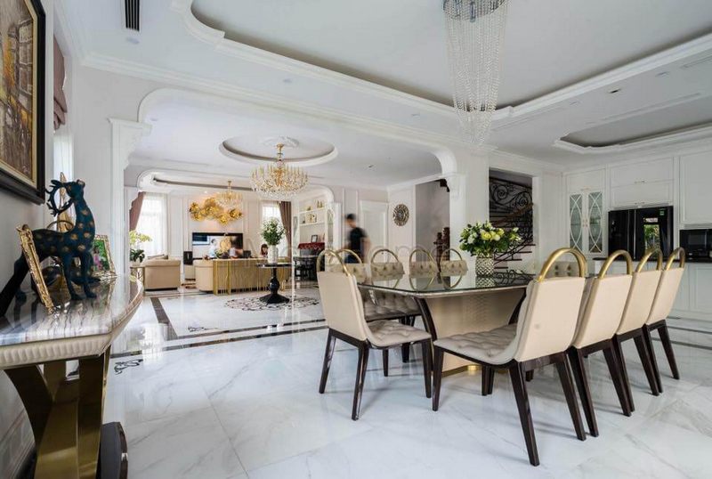 Bộ bàn ăn 10 ghế tân cổ điển bọc da sang trọng thiết kế đặc biệt dành riêng cho biệt thự