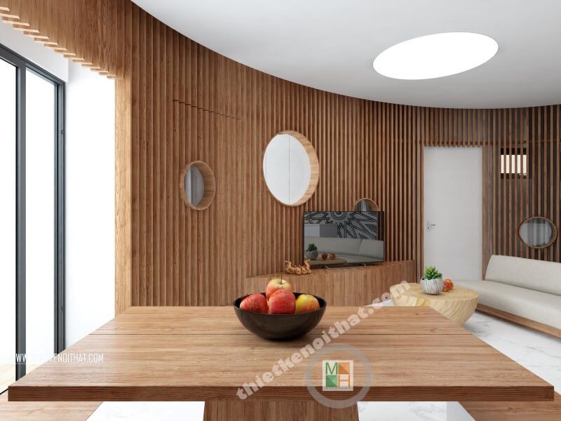 Thiết kế bàn ăn chung cư cũng để lại ấn tượng đầy mới lạ với những nét ngang và thẳng tạo cảm giác không gian được trải rộng hơn.