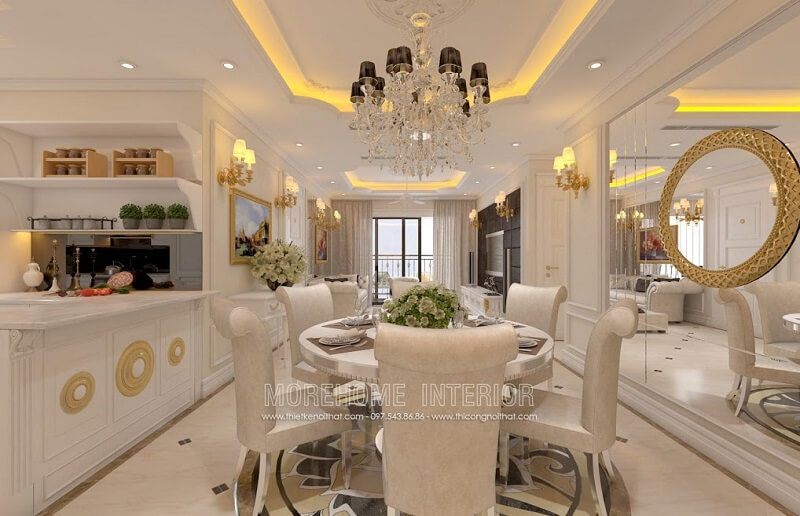 Mẫu bàn ăncao cấp với thiết kế độc đáo mặt bàn kính hình tròn kết hợp mẫu ghế gỗ tân cổ điển bọc da cao cấp tạo điểm nhấn nổi bật cho căn phòng
