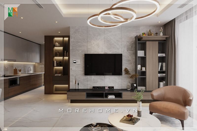 Mẫu thiết kế phòng khách kết nối với phòng bếp được thiết kế theo phong cách hiện đại và sang trọng, phù hợp với các căn hộ, nhà phố và biệt thự.