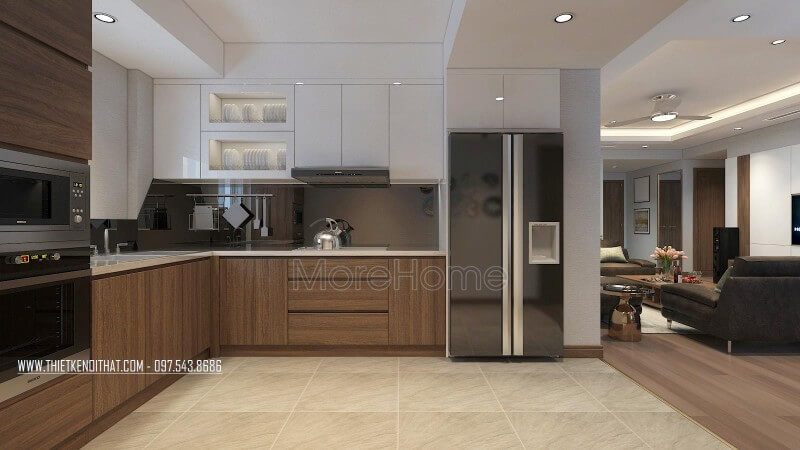 Thiết kế tủ bếp hiện đại chữ L, có đầy đủ thiết bị rất hữu dụng trong khu bếp mang đến không gian bếp đa năng